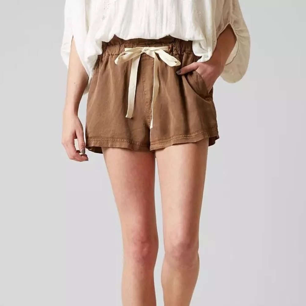 Free People Washed High Waisted Canvas Draw String Tie Sand Brown Tan Shorts